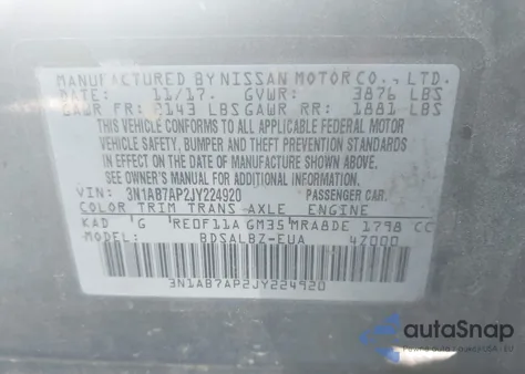 2018 Nissan Sentra S z USA, uszkodzony, nr VIN 3N1AB7AP2JY224920